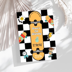 Faire-part d'anniversaire Young Wild Three Skateboard, invitation d'anniversaire Skate Party Skateboard Retro Checker Smiley Face modifiable 3e anniversaire