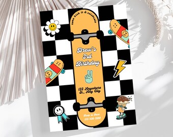 Young Wild Three Skateboard Birthday Invitation, Birthday Invite Skate Party Skateboard Retro Checker Smiley Face Editable 3rd birthday