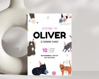 Kitten Birthday Invitation, Let's Pawty Cat Birthday Invitation, Cat Birthday Party Invite, Editable Kitten Birthday, Instant Download