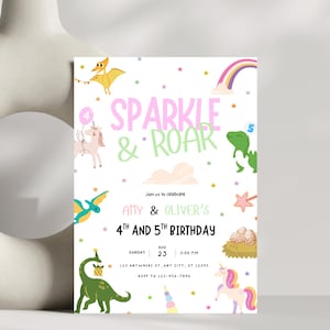 Unicorn and Dinosaur Invitation, Sibling Joint Party, Sibling Invitation, Instant Download,  Dual Boy Girl Double Birthday Theme