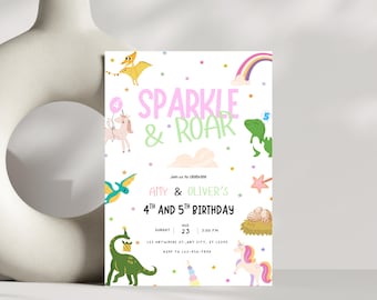 Unicorn and Dinosaur Invitation, Sibling Joint Party, Sibling Invitation, Instant Download,  Dual Boy Girl Double Birthday Theme