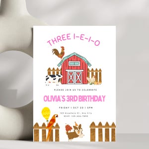 Farm Birthday Invitation, Pink Farm Editable, Barnyard Birthday Invite, Three i-e-i-o Farm Animals, 3rd Birthday, Editable Template