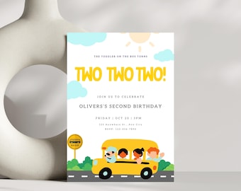 School Bus Invitation Template, Wheels on the Bus, Yellow Bus Invitation, Editable Digital Template INSTANT DOWNLOAD