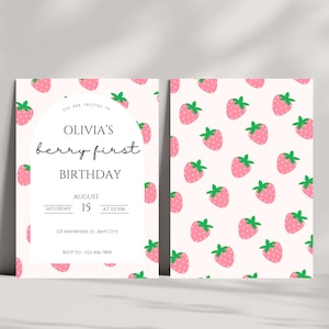 Editable Berry First Birthday Invitation Template, Editable Strawberry 1st Birthday Invite, Girls 1st Birthday Invitation, Printable Invite