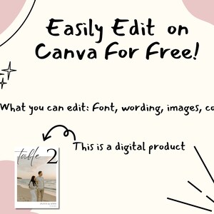 May include: A digital product for a wedding table number sign. The sign is white with black text that says "table 2". The sign has a photo of a couple on a beach. The text "Easily Edit on Canva For Free!" is at the top of the image. The text "What you can edit: Font, wording, images, colors" is below the photo. The text "This is a digital product" is below the table number.