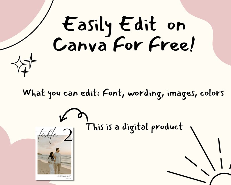 May include: A digital product for a wedding table number sign. The sign is white with black text that says "table 2". The sign has a photo of a couple on a beach. The text "Easily Edit on Canva For Free!" is at the top of the image. The text "What you can edit: Font, wording, images, colors" is below the photo. The text "This is a digital product" is below the table number.