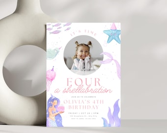Mermaid Tail Invitation, 4th Birthday Shellabration invite, Under the Sea Birthday Invite, Mermaid Party Invites, Editable Mermaid Invite