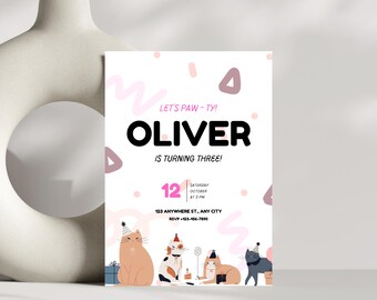 Kitten Birthday Invitation, Let's Pawty Cat Birthday Invitation, Cat Birthday Party Invite, Editable Kitten Birthday, Instant Download