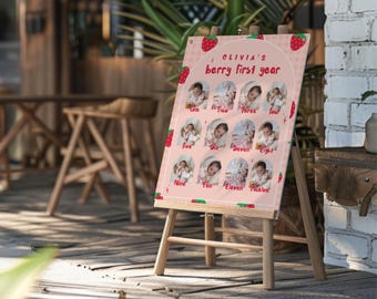 Póster de primer cumpleaños con bayas, letrero para fiesta de primer cumpleaños con fresas, póster de primer cumpleaños, tablero de hitos, letrero con foto mensual