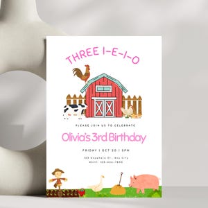 Farm Birthday Invitation, Pink Farm Editable, Barnyard Birthday Invite, Three i-e-i-o Farm Animals, 3rd Birthday, Editable Template