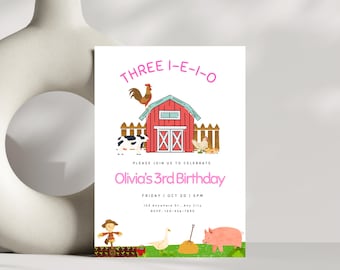 Bauernhof-Geburtstagseinladung, rosa Bauernhof bearbeitbar, Barnyard-Geburtstag einladen, drei i-e-i-o Bauernhoftiere, 3. Geburtstag, bearbeitbare Vorlage