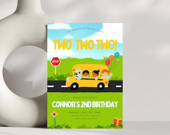 School Bus Invitation Template, Wheels on the Bus, Yellow Bus Invitation, Editable Digital Template INSTANT DOWNLOAD