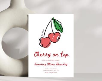 Plantilla editable de invitación para baby shower con cerezas en la parte superior, invitación para baby shower con cerezas dibujadas a mano, descarga instantánea