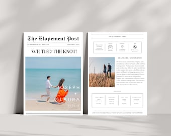 Newspaper Photo Elopement Card, Reception Party Invitation Template, Wedding Announcement Printable, Elopement, Instant Download