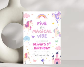 Unicorn 5th Birthday Invitation, Five is a Magical Vibe Invite, Pastel Unicorn Birthday Invite, Rainbow Unicorn Invitation, Instant Download