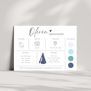 Cartão de informações editável para madrinhas, modelo de informações para festa de casamento, cartão de proposta de casamento, infográfico, modelo editável do Canva