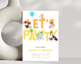Puppy Birthday Invitation, Let's Pawty Birthday Invitation, Dog Birthday Party Invite,  Dog Birthday, Instant Download