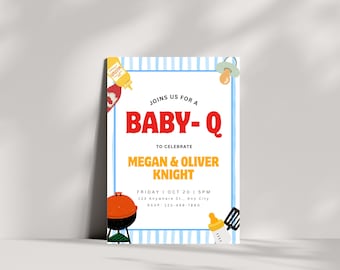 Baby-Q babyshowerinbjudan, unisex bakgårdspar babyströssel, mall för grillfest