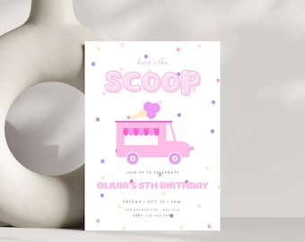 Editable Ice Cream Birthday Invitation, 1st Birthday Party Here's the Scoop Cone, Summer Invite, Instant Download