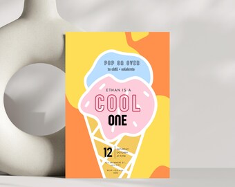 Editable Ice Cream Birthday Invitation, Summer BirthdayInvite, Here's the Scoop Cone, Pastels, Printable Digital Template, Instant Download