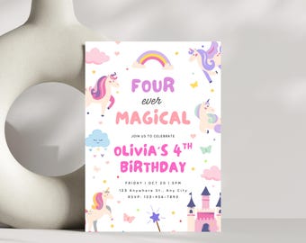Unicorn 4th Birthday Invitation, Four Ever Magical Invite, Pastel Unicorn Birthday Invite, Rainbow Unicorn Invitation, Instant Download