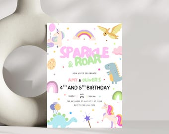 Unicorn and Dinosaur Invitation, Sibling Joint Party, Sibling Invitation, Instant Download,  Dual Boy Girl Double Birthday Theme