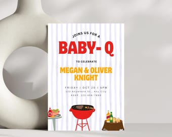 Baby-Q babyshowerinbjudan, unisex bakgårdspar babyströssel, mall för grillfest