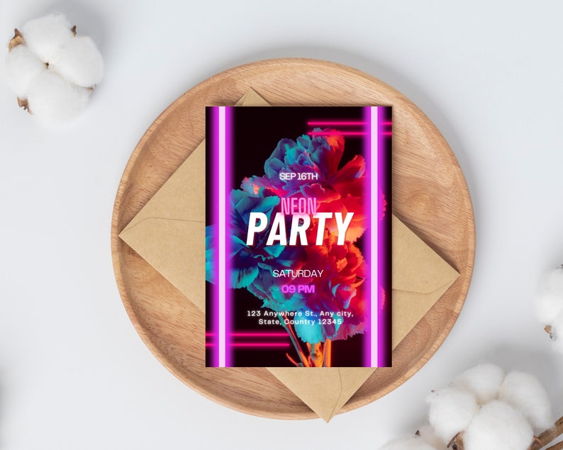 Editable Neon Party Invitation Invitation Neon Party Text Etsy