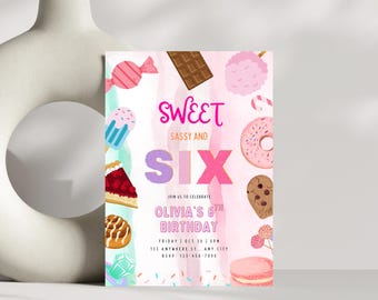 Sweet Sassy and Six Birthday Invitation, Girl 6th Birthday Invitation, Sweet Six Invitation,  Donut Invitation, 6th Birthday Party