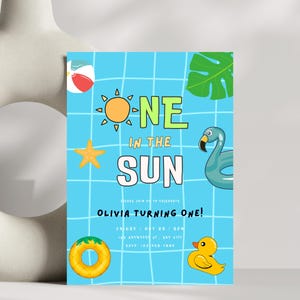 One in the Sun Invitation, Pool 1st Birthday Party, Pool Party, Summer First Birthday, First Birthday Invitation Template, Instant Download