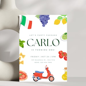 Italian Themed Birthday Party Invitation, Uno Birthday, Italy Theme Invitation, Vespa Italian Food, Pizza, Editable Invitation Template
