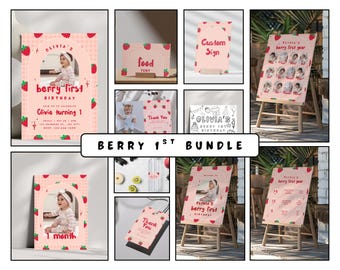 Berry First Birthday Invitation Bundle , Strawberry Birthday Party, 1st Birthday Bundle, Strawberry Birthday Decor, Berry Birthday Invite