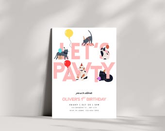 Kitten Birthday Invitation, Let's Pawty Cat Birthday Invitation,  Cat Birthday Party Invite, Editable Kitten Birthday, Instant Download