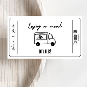 Plantilla moderna de boletos para food trucks de bodas, cupón minimalista para bebidas de boda, boletos para food trucks, fichas para comida de boda y tarjetas de fiesta.