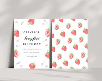 Berry First Birthday Invitation Modern Strawberry Invitation Strawberry Birthday Editable Digital Template INSTANT DOWNLOAD