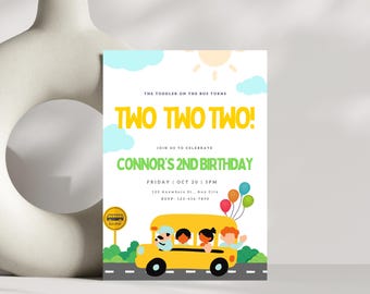 School Bus Invitation Template, Wheels on the Bus, Yellow Bus Invitation, Editable Digital Template INSTANT DOWNLOAD