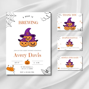 A Baby is Brewing Decorations, Halloween Baby Shower Invitation, Spooky Baby Shower Invite, Halloween Baby Shower Invitation Bundle,Editable