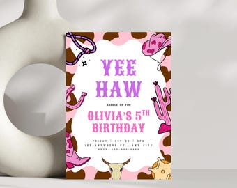 Yee Haw Invitation, Groovy Cowgirl Birthday Invitation, Wild West Party, Editable Canva Template, Girl Birthday Invite