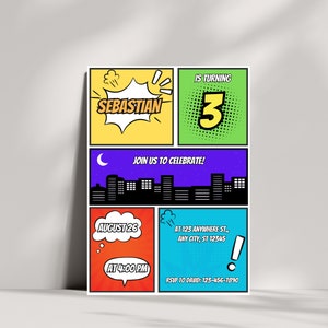 Convite de aniversário de super-heróis editável, convite de aniversário de super-herói, menino, história em quadrinhos, herói, download instantâneo, para impressão