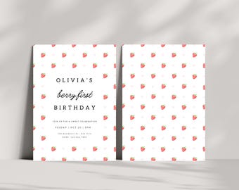 Berry First Birthday Invitation Modern Strawberry Invitation Strawberry Birthday Editable Digital Template INSTANT DOWNLOAD