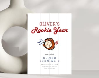 Baseball First Birthday Invite, Rookie of the Year Birthday Invitation, Baseball Birthday Party,  First Birthday Invite, Editable Template