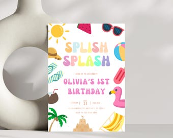 Splish Splash Birthday Invitation, Pool Party Birthday Invitation, Splash Pad, Water Slide Paddling, Pool Summer Party, Editable Invite