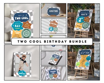 May include: A Two Cool Birthday Bundle featuring invitations, welcome signs, and thank you cards. The designs include a checkered pattern, a photo frame, and text such as "Ray is Two Cool" and "Thank You". The color scheme includes blue, orange, and green.