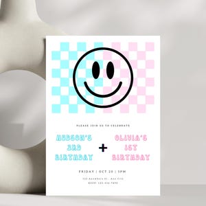 Boy Girl Birthday Invitation, Sibling Birthday Invite, Joint Birthday Party, Double Birthday Invite, Retro Groovy Smiley Checker