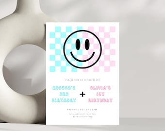 Boy Girl Birthday Invitation, Sibling Birthday Invite, Joint Birthday Party, Double Birthday Invite, Retro Groovy Smiley Checker