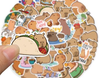 10-50pcs Assorted Adorable Capybara Stickers - Cute Brown Animal Decals - Capybara illustrations, waterproof vinyl sticker, charming artwork