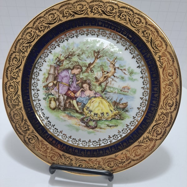 French Limoges (Courting Couple) 6.75 inch Colbolt blue with gold trim plate beautifully hand painted