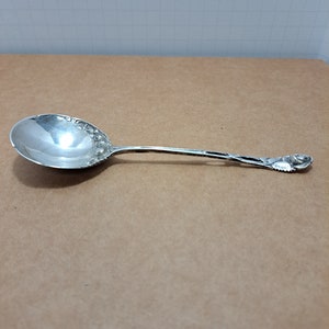 May include: A silver spoon with an ornate design on the bowl and handle. The spoon is lying on a brown surface.