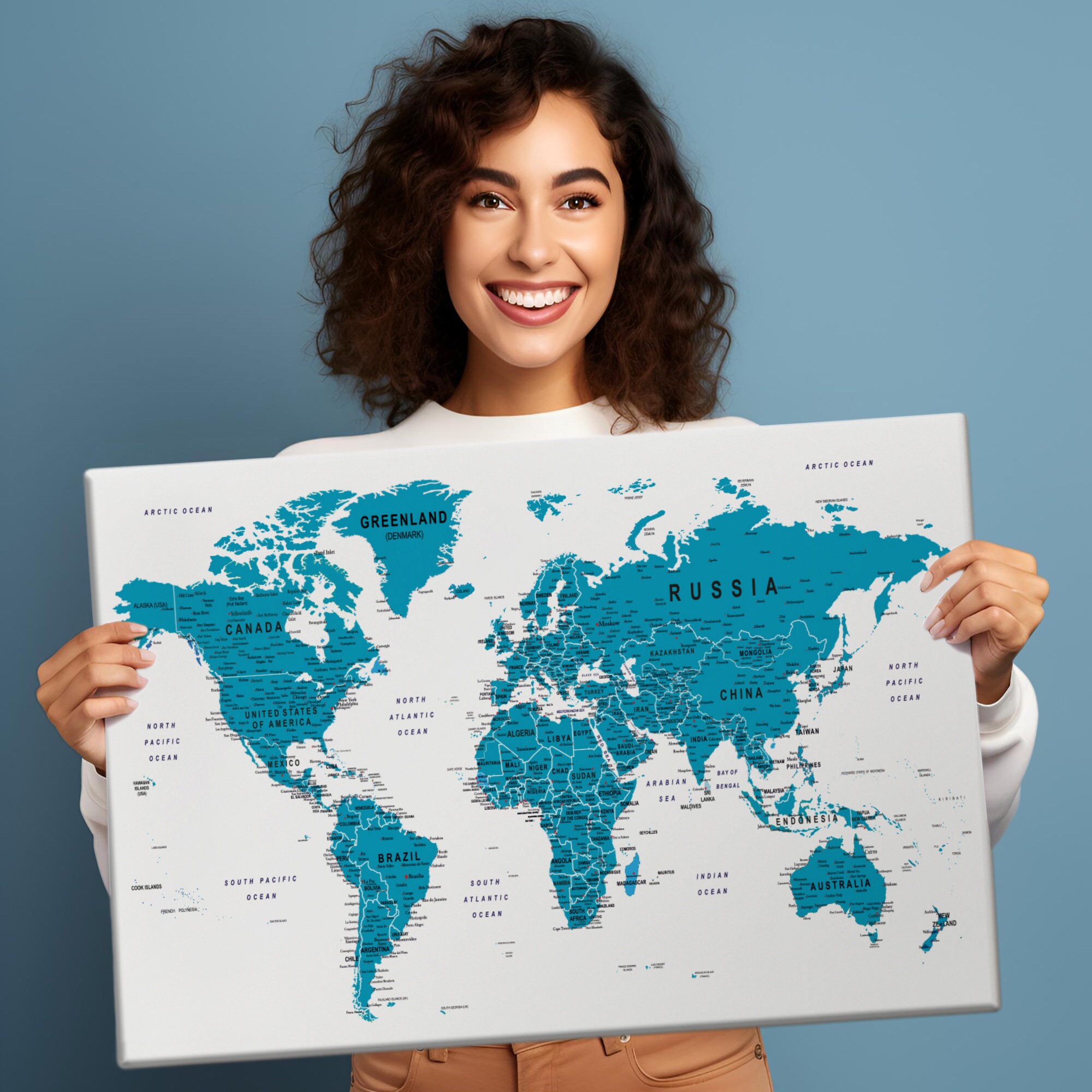 Canvas Blue World Map, Push Pin World Map, Canvas World Map, Canvas Wall Art, Wall Decor, Canvas