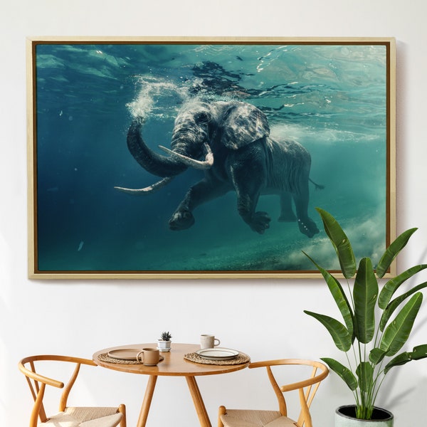 Schwimmender Elefant Druck, Tiermalerei, Elefant Leinwanddruck, zeitgenössisches Wohndekor, Elefant-Wand-Kunst, afrikanische Kunst-Leinwand